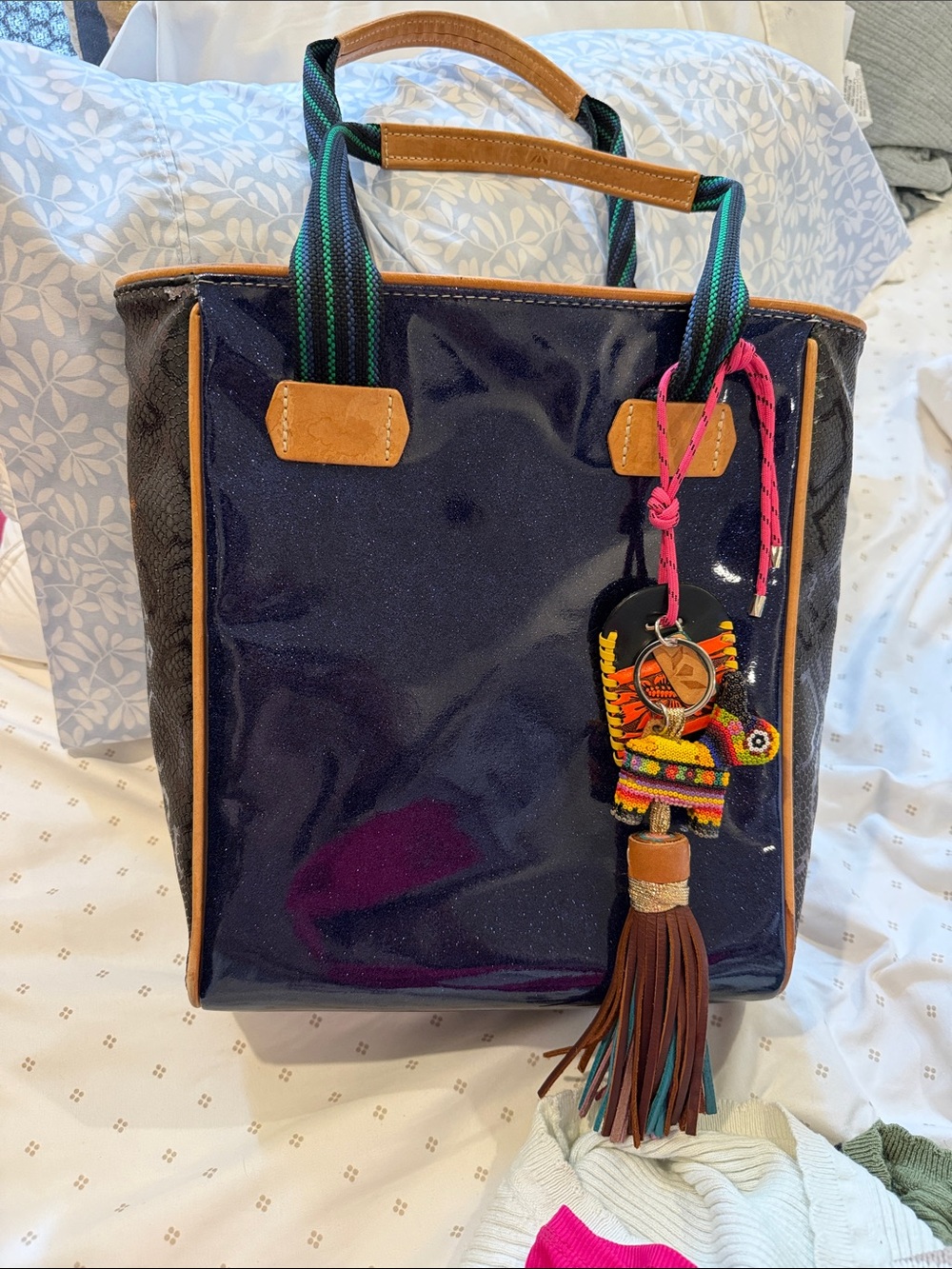 Navy Tote with Tan Trim and Colorful Tassel Charm
